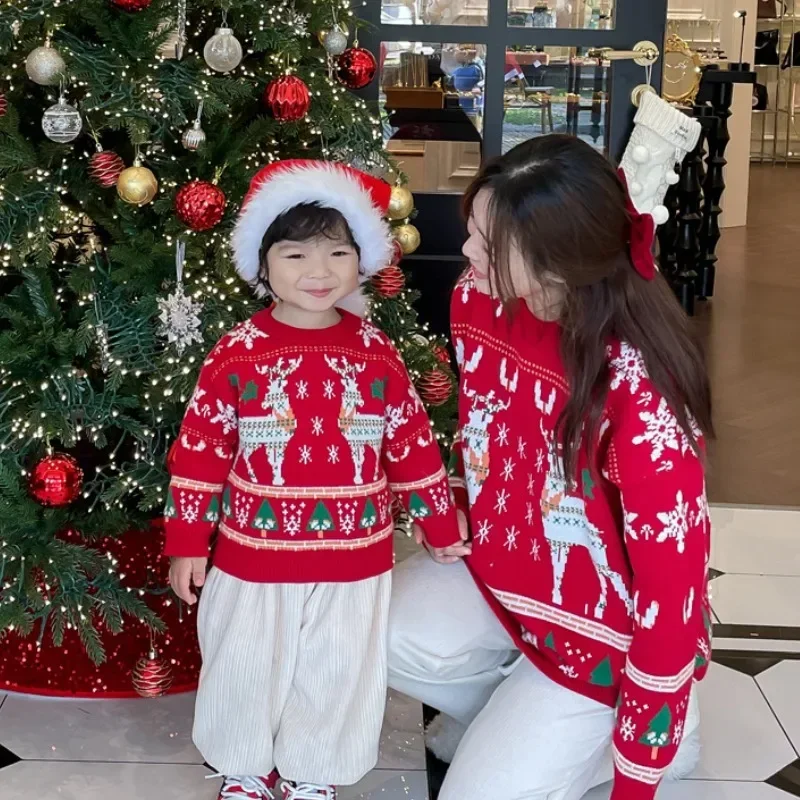Parent Of Plant - ครอบครัวคริสต์มาส Reindeer Tree เสื้อกันหนาวเด็กสีแดงถักจัมเปอร์พ่อแม่และลูกสาวเดียวกันเสื้อผ้า Tops